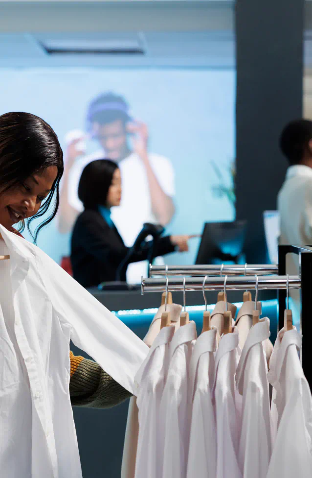 Woman looking at button down shirts on clothing rack in store.
