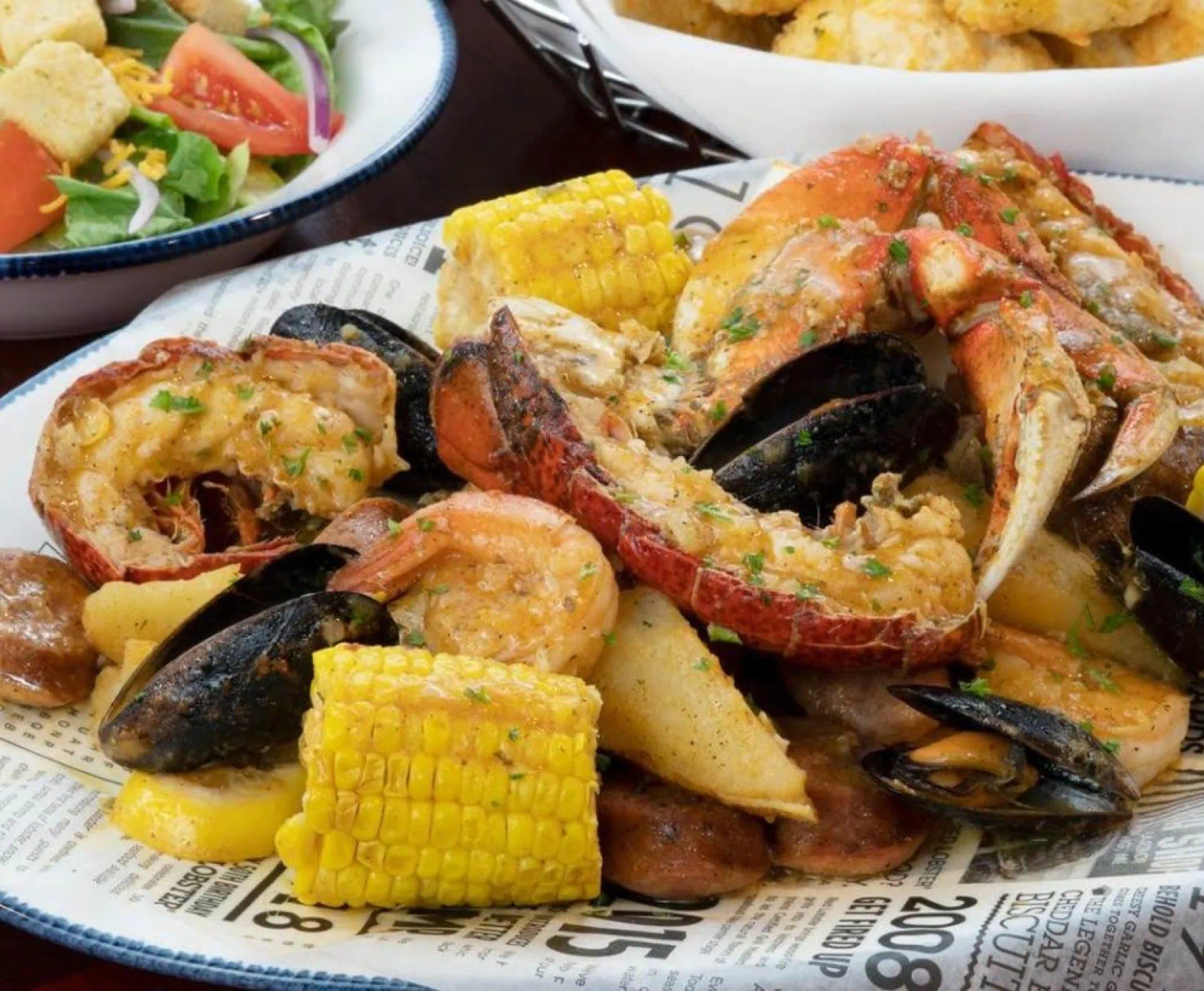 plate of seafood and corn