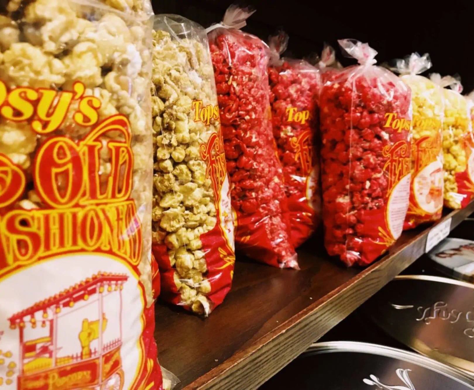 row of popcorn in bags
